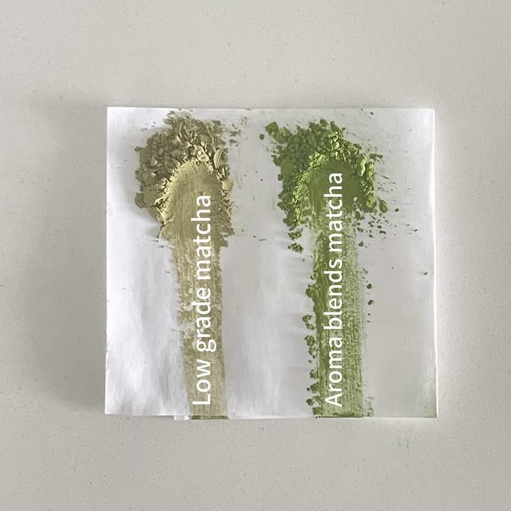 Low grade matcha next to Aroma Blends ceremonial matcha